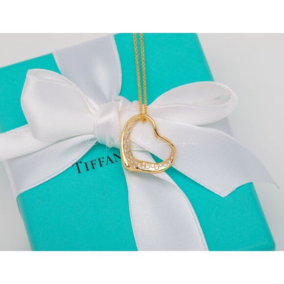 Tiffany & Co. Elsa Peretti 18K Gold Diamond Open Heart Necklace 29 Diamonds 16" - Picture 4 of 9